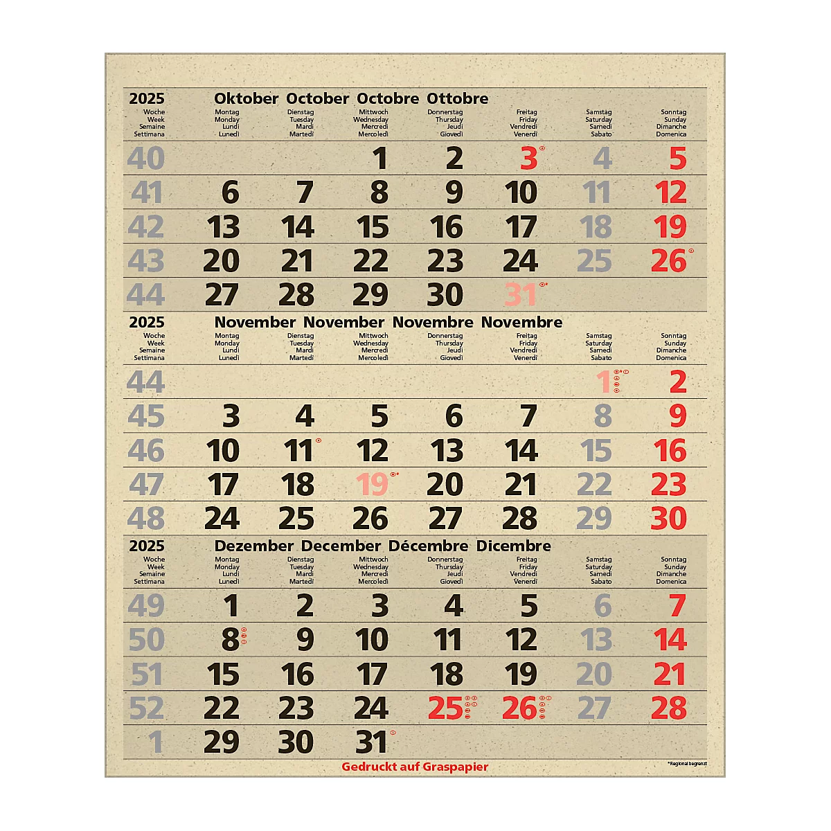 Korsch 3-maandenplanner Comfort Edition Nature, wandkalender 2025, D/E/F/I, van graspapier, 300 x 390 mm