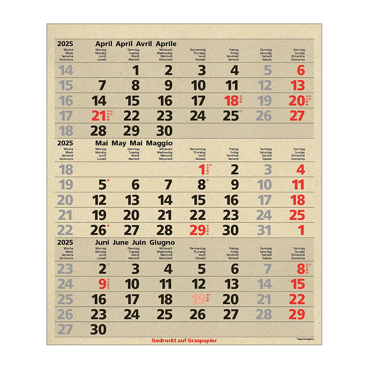 Korsch 3-Monatsplaner Comfort Edition Natur, Wandkalender 2025, D/E/F/I, aus Graspapier, 300 x 390 mm