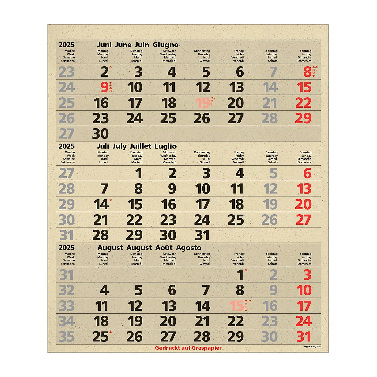 Korsch 3-Monatsplaner Comfort Edition Natur, Wandkalender 2025, D/E/F/I, aus Graspapier, 300 x 390 mm