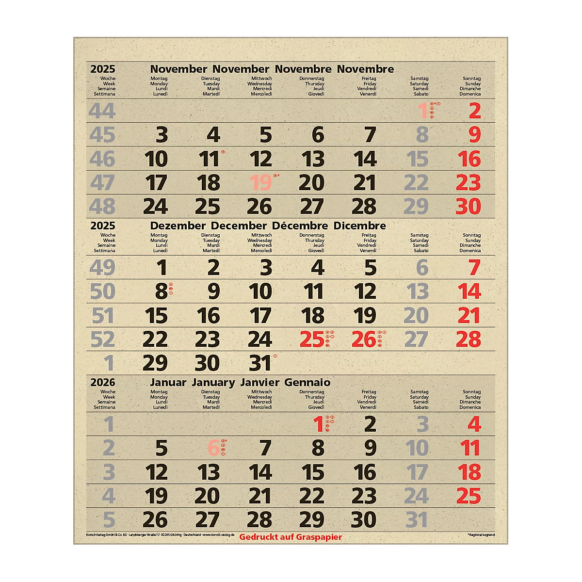 Korsch 3-Monatsplaner Comfort Edition Natur, Wandkalender 2025, D/E/F/I, aus Graspapier, 300 x 390 mm