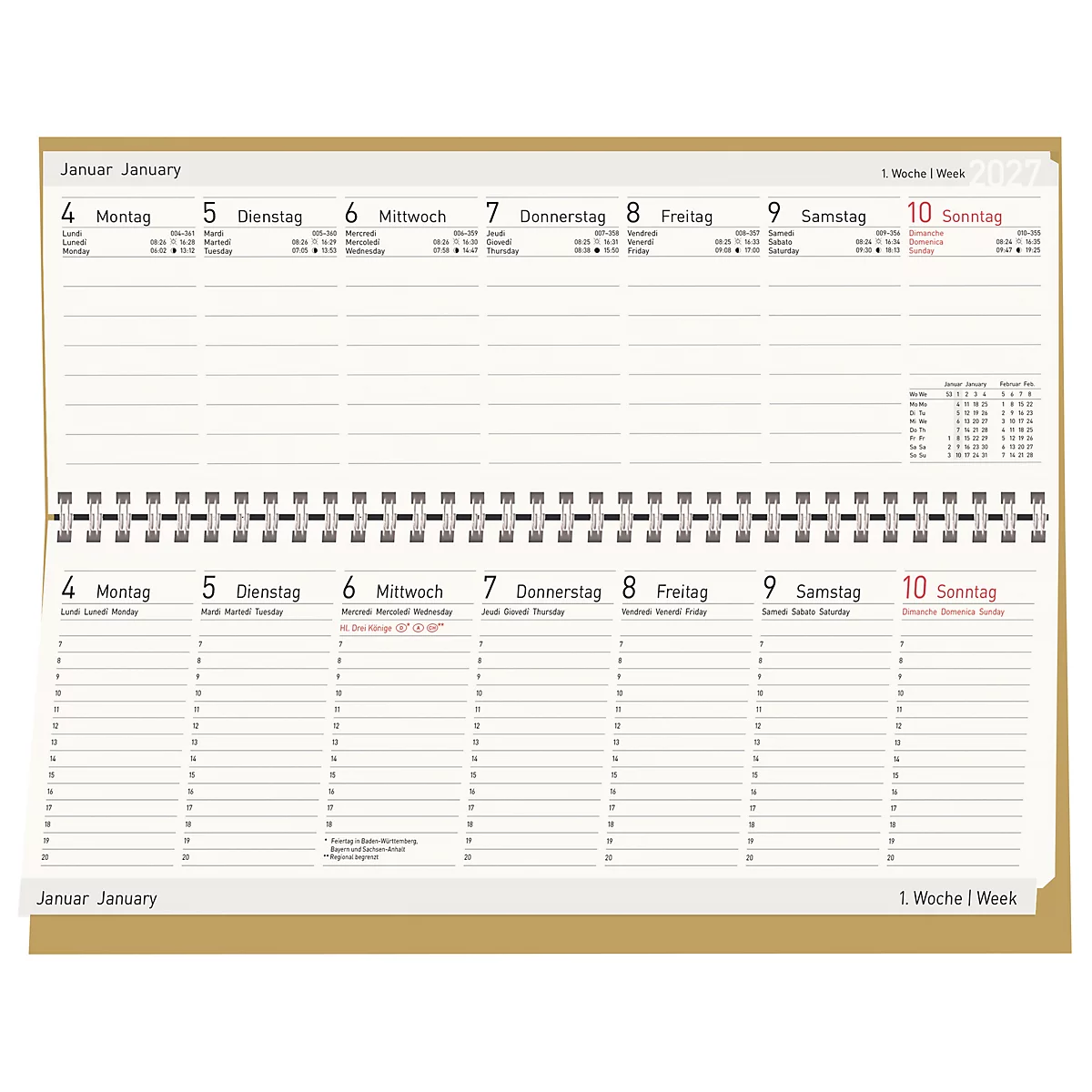 Un calendrier hebdomadaire ouvert avec une reliure à spirale. Le côté gauche montre les dates du lundi au mercredi, le côté droit du jeudi au dimanche.