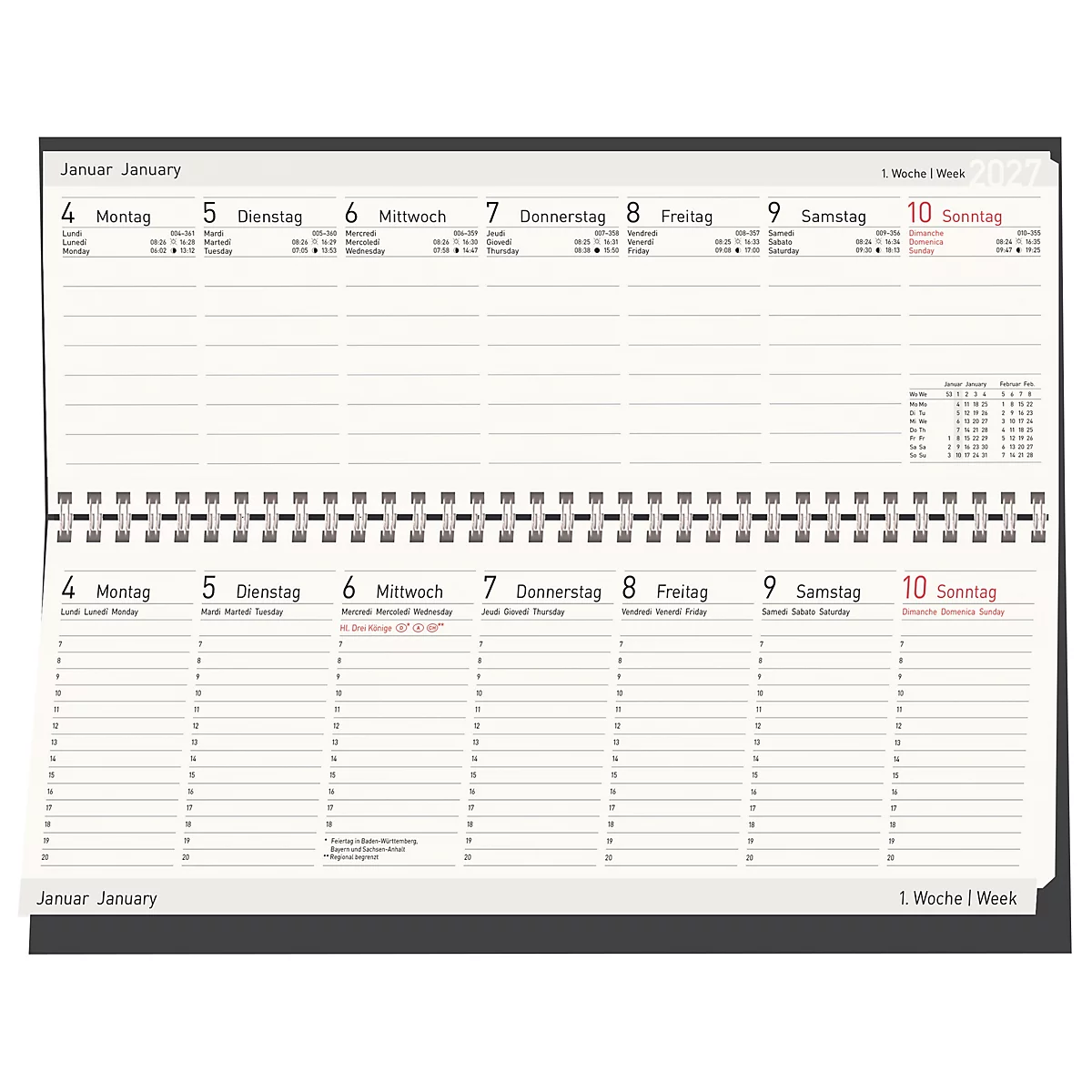 Un calendrier ouvert avec les dates de la semaine de janvier et une reliure à spirale.