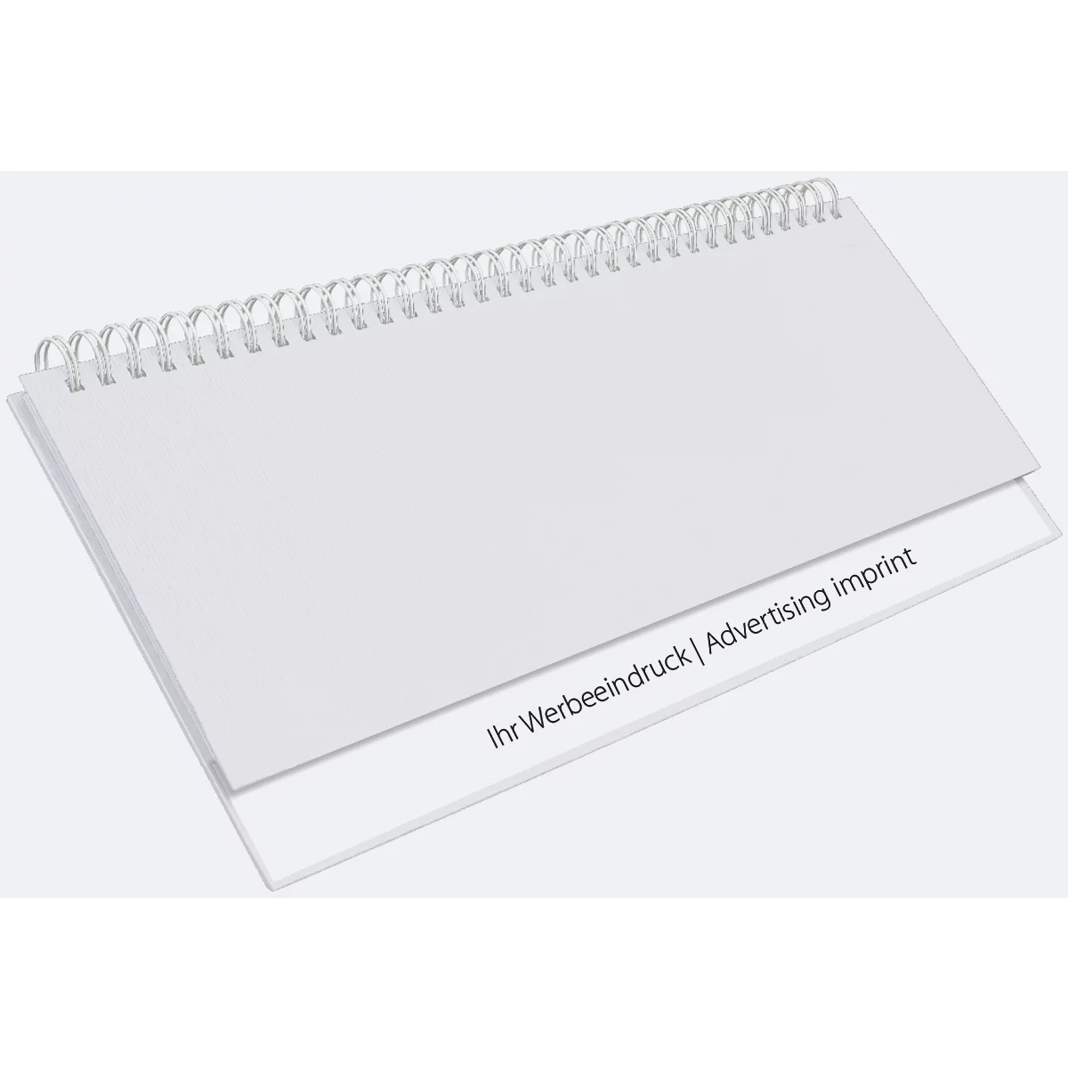 Modèle de calendrier de bureau blanc avec reliure spirale et impression : Votre empreinte publicitaire | Advertising imprint.