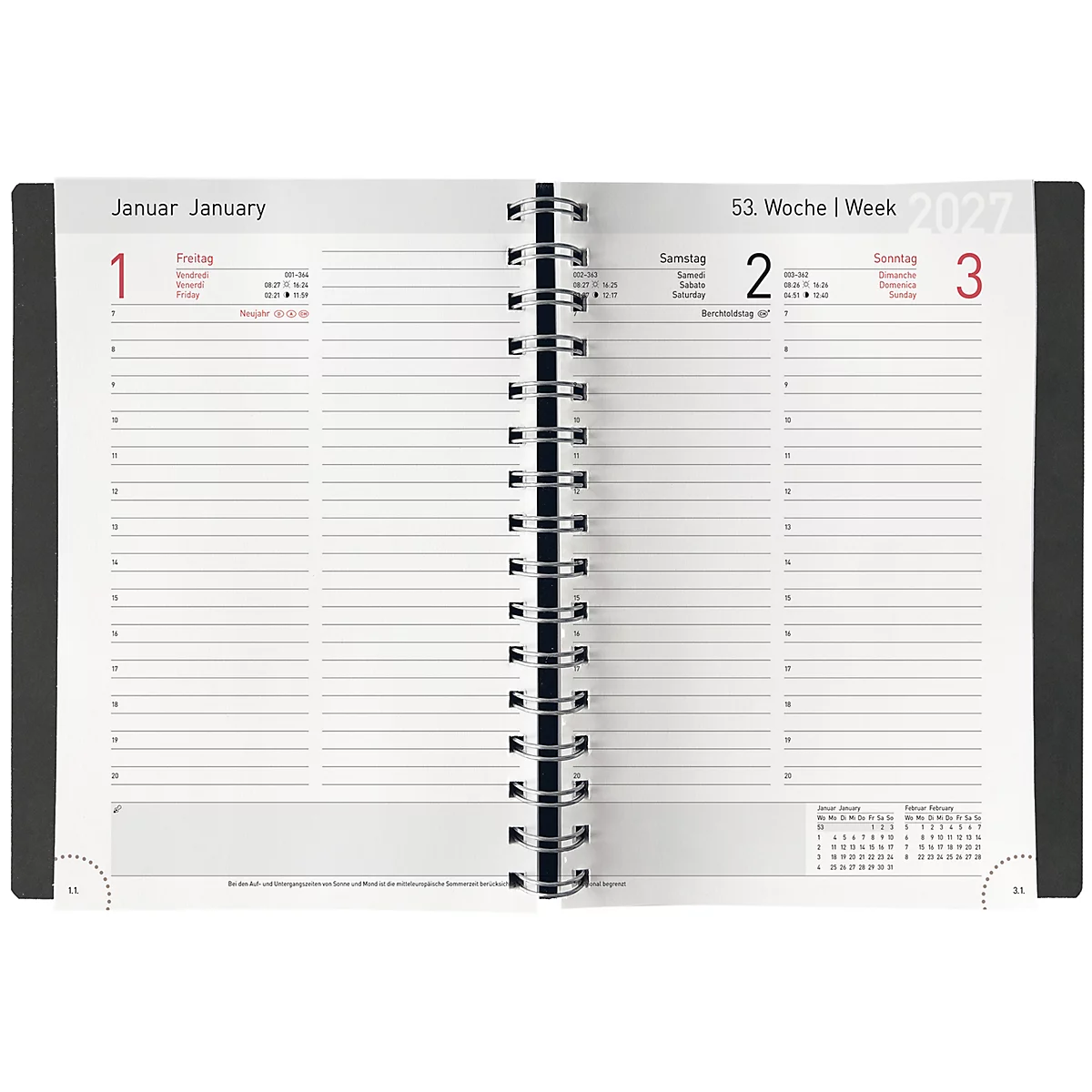 Un agenda ouvert avec une reliure spirale, ouvert à la première semaine de janvier 2022. Les jours sont numérotés et comportent des lignes pour prendre des notes.