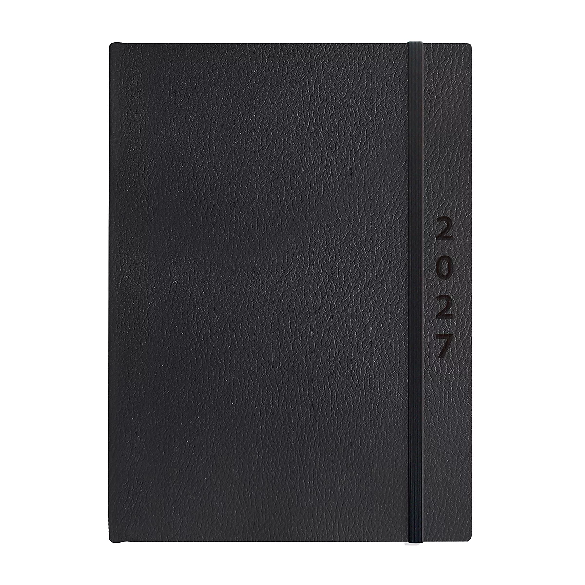 Cahier noir avec l'année 2027 en relief et une bande élastique noire.