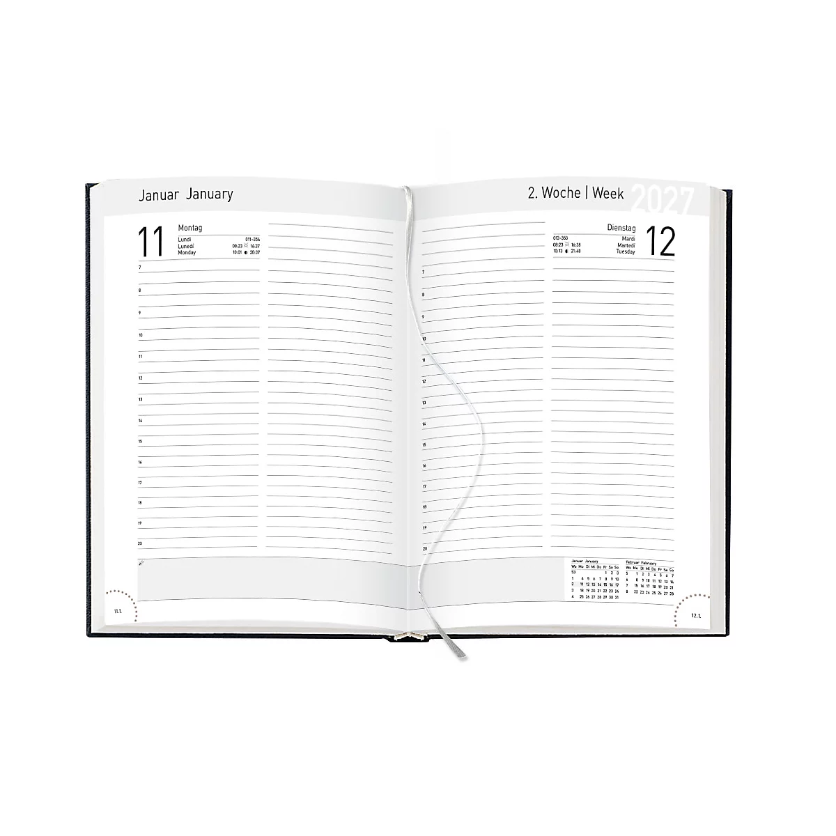 Carnet ouvert avec des pages pour les notes. Le carnet a des couvertures noires et un signet en ruban. La page de gauche indique "11 janvier", la page de droite "12".