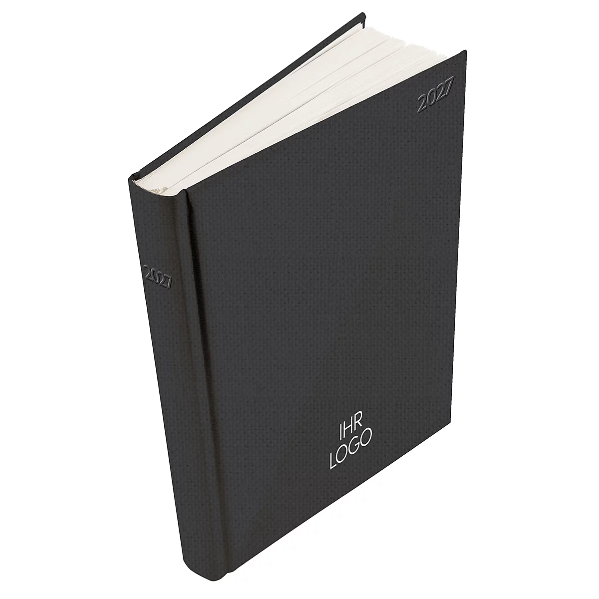 Carnet noir avec l'année 2027 en relief et un logo.