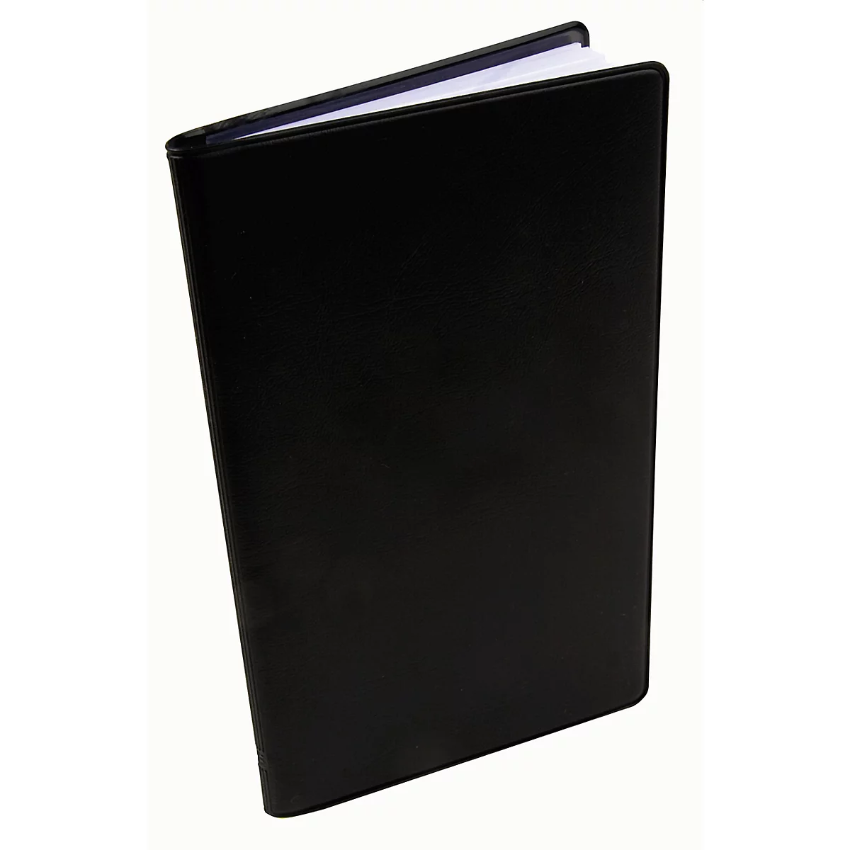 Livre noir avec pages blanches, légèrement ouvert.
