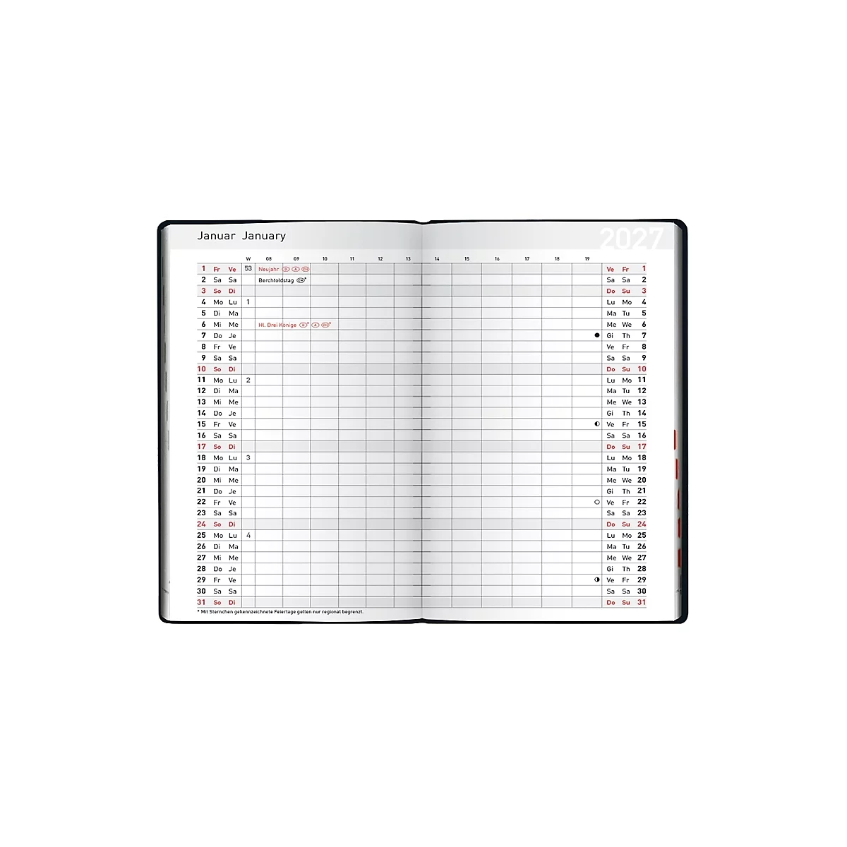 Carnet ouvert avec calendrier de janvier. Jours et dates dans une grille grise, bordure noire. "Janvier/January" et "2022" en gris en haut.