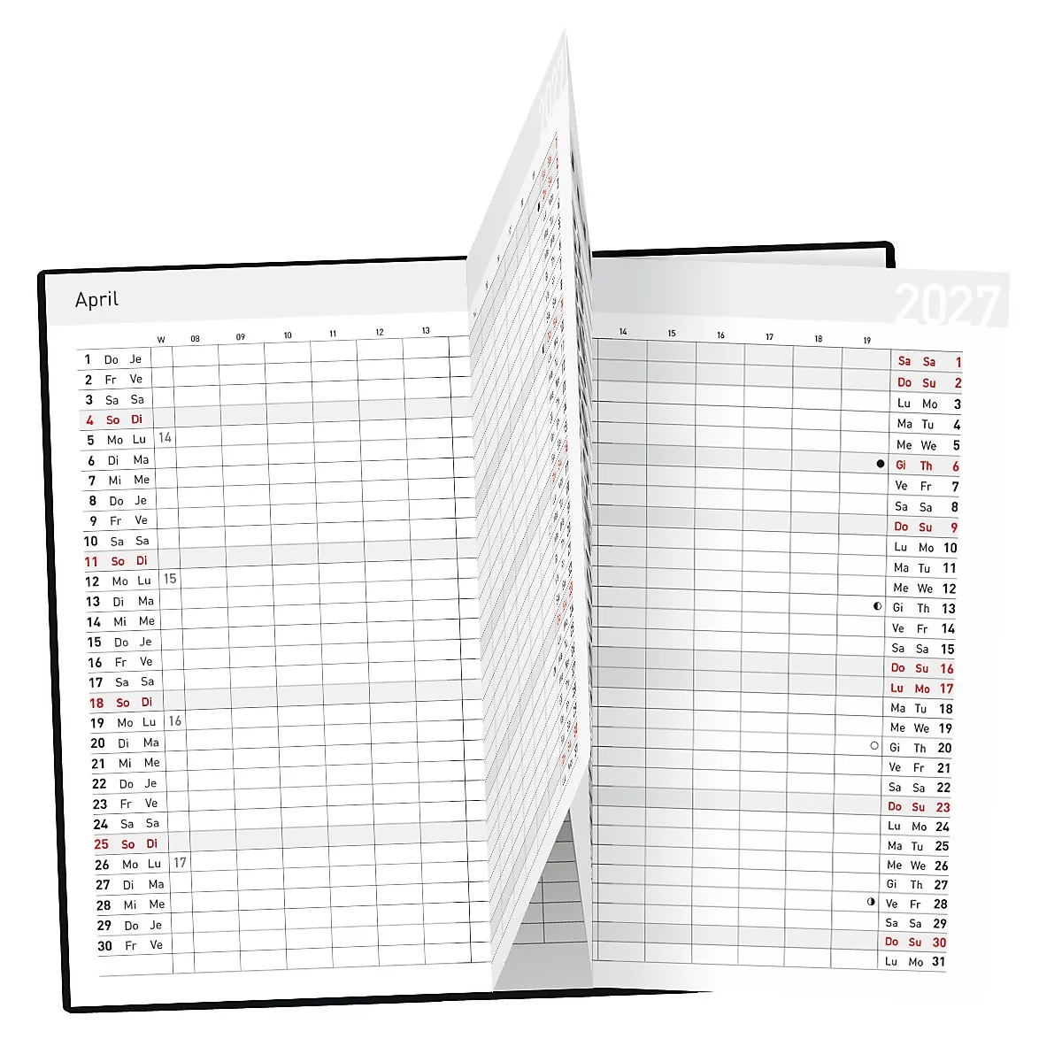 Un carnet ouvert affichant le mois d'avril 2027. Deux pages sont ouvertes, le calendrier mensuel à gauche, la vue hebdomadaire à droite.