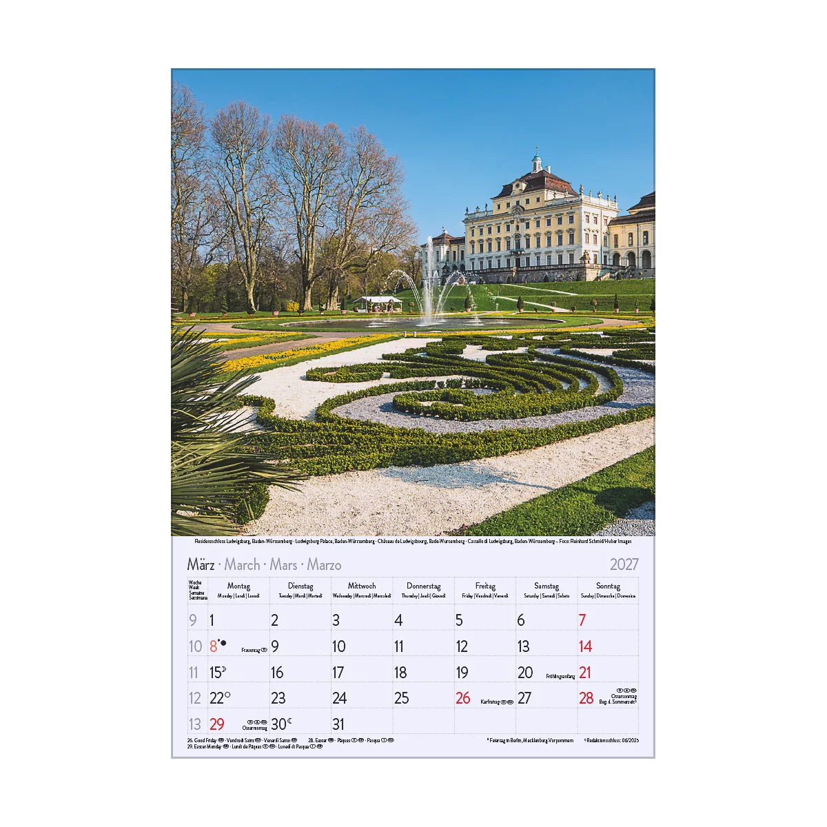 Calendrier de mars 2027 avec jardin du château et fontaine. En arrière-plan, un château baroque.