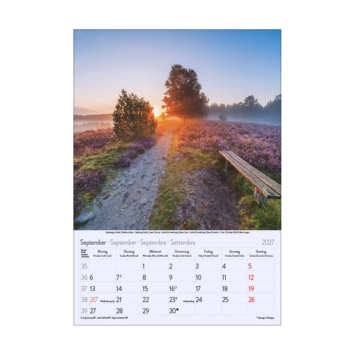 Prise de vue d'un paysage d'un chemin à travers une lande en fleurs au lever du soleil. Un banc en bois et un calendrier bordent le chemin.