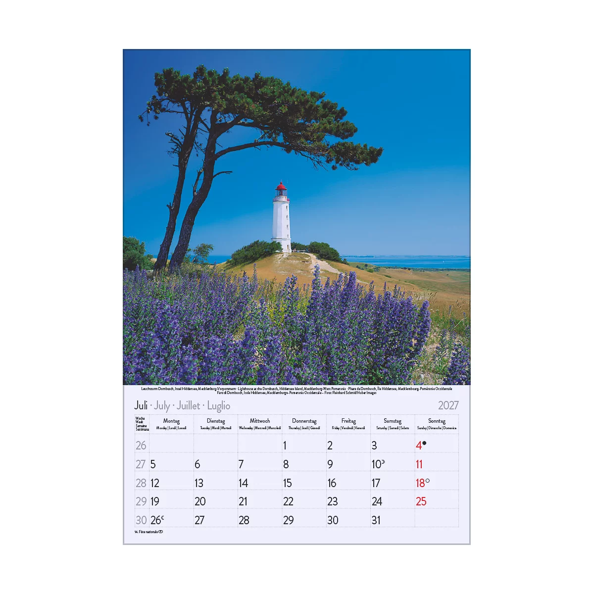 Calendrier de juillet 2027 avec un phare et des plantes en fleurs. Le bleu et le vert dominent l'image.