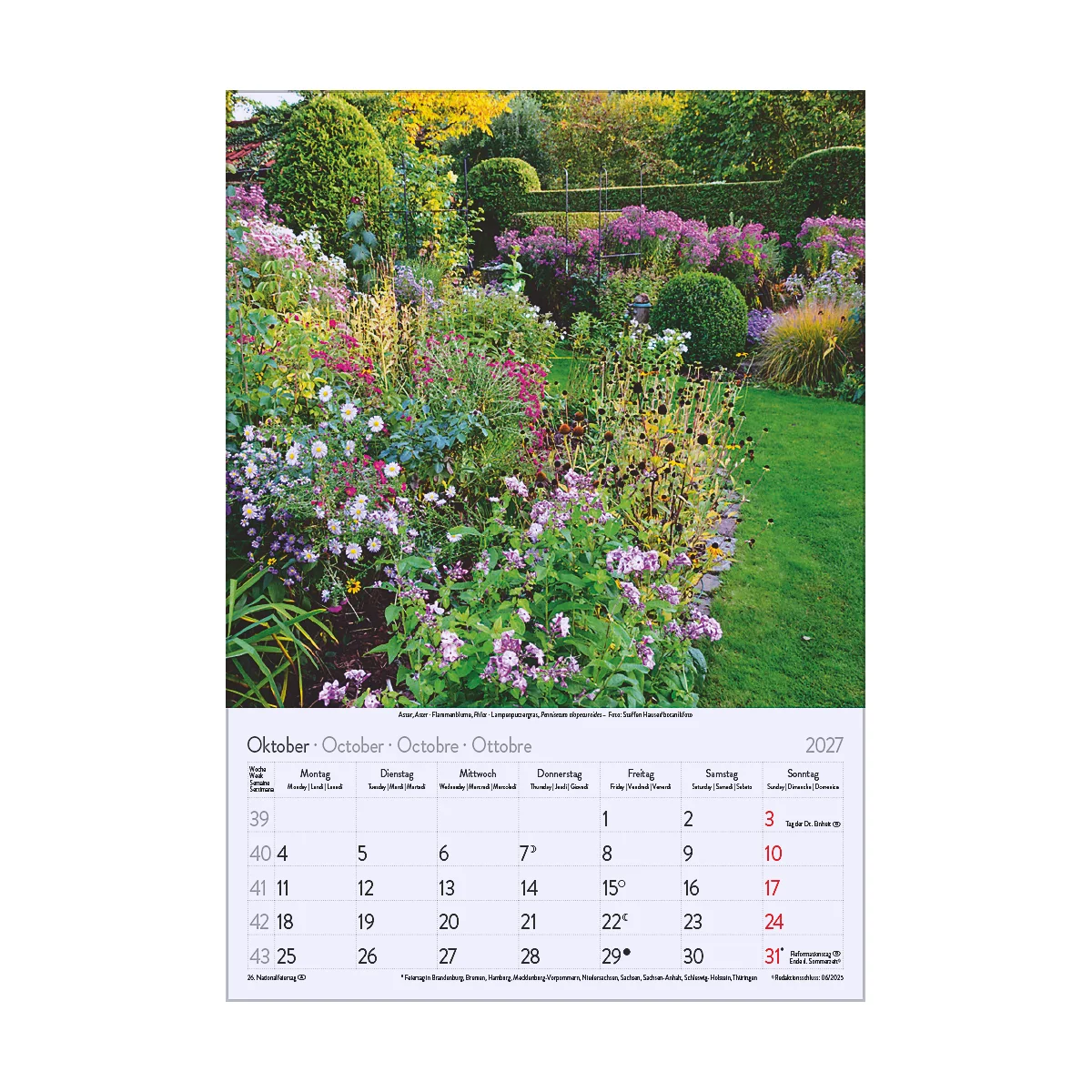 Un jardin en automne, rempli de fleurs colorées. En arrière-plan, un calendrier avec le mois d'octobre 2027.