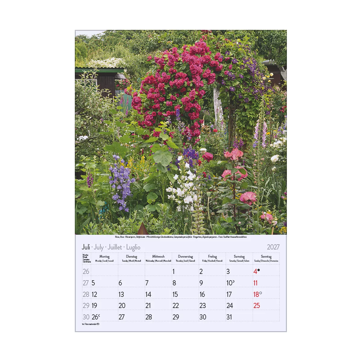 Une page de calendrier de juillet 2027 avec des fleurs colorées et un jardin luxuriant.
