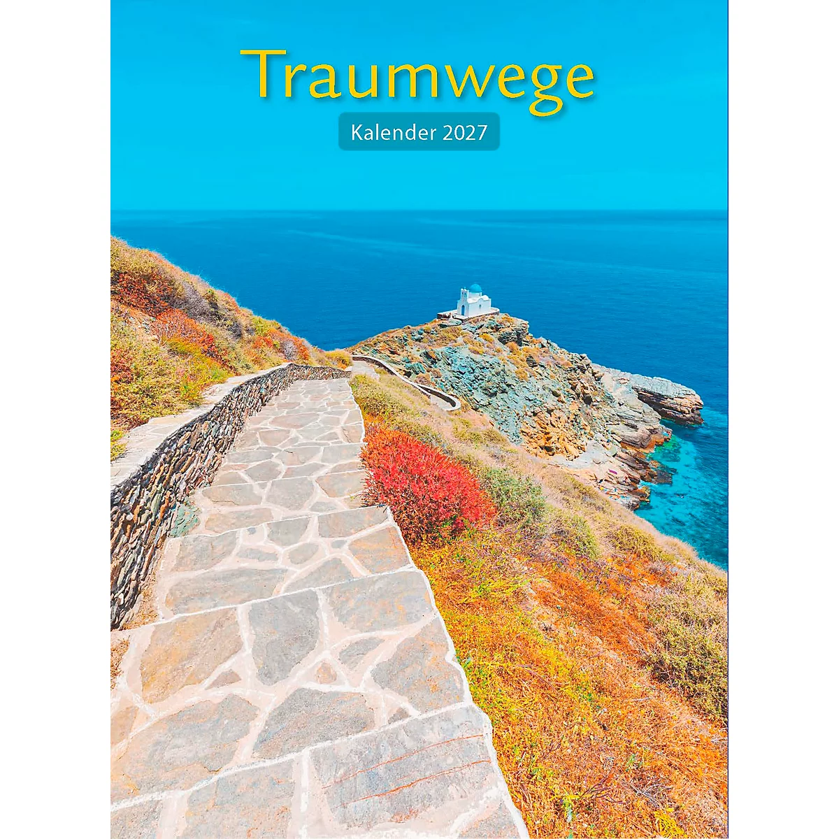 Calendrier Traumwege 2027 avec un chemin côtier pittoresque et une église blanche au bord de la mer.