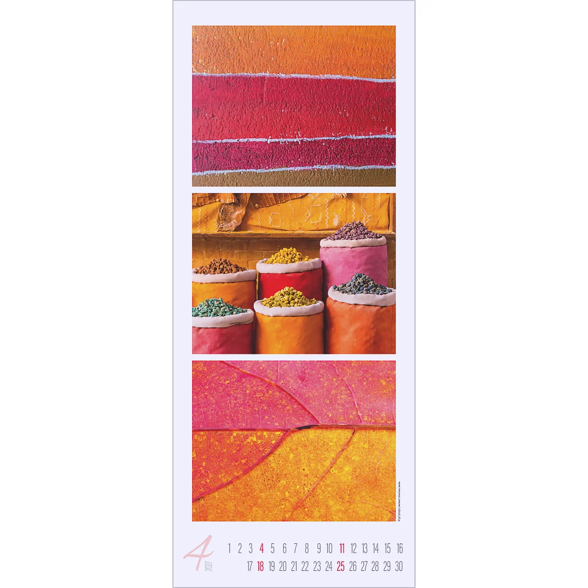 Calendrier mensuel avec des images colorées. Haut : texture, milieu : sacs d'épices, bas : structure des feuilles. Bas : calendrier d'avril.