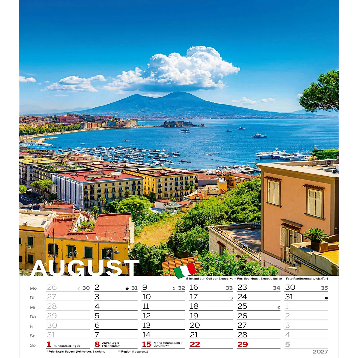 Calendrier pour août 2027 avec vue sur Naples, Italie. Au fond, le Vésuve.