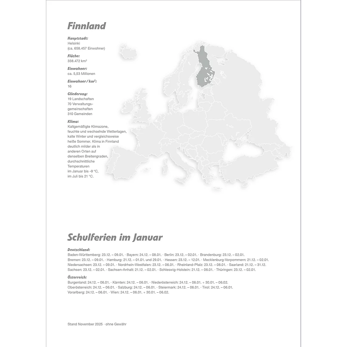 Infographie : carte de l'Europe, mettant en évidence la Finlande. Informations sur la Finlande et les vacances scolaires de janvier en Allemagne et en Autriche.