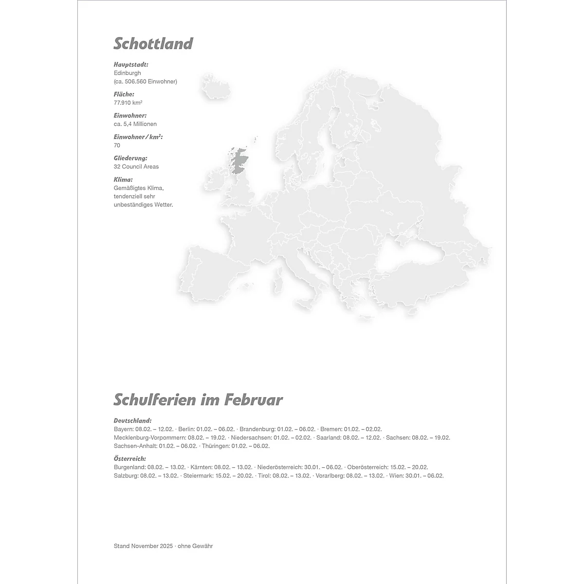 Infographie sur l'Écosse et l'Europe, avec des informations sur les vacances scolaires de février.