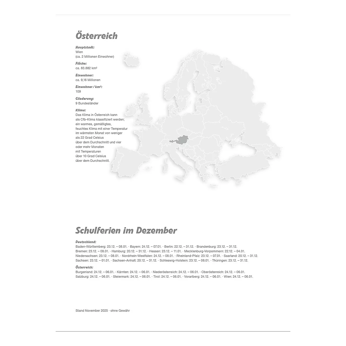 Carte grise de l'Europe avec focus sur l'Autriche, informations textuelles sur l'Autriche et les vacances scolaires en décembre.