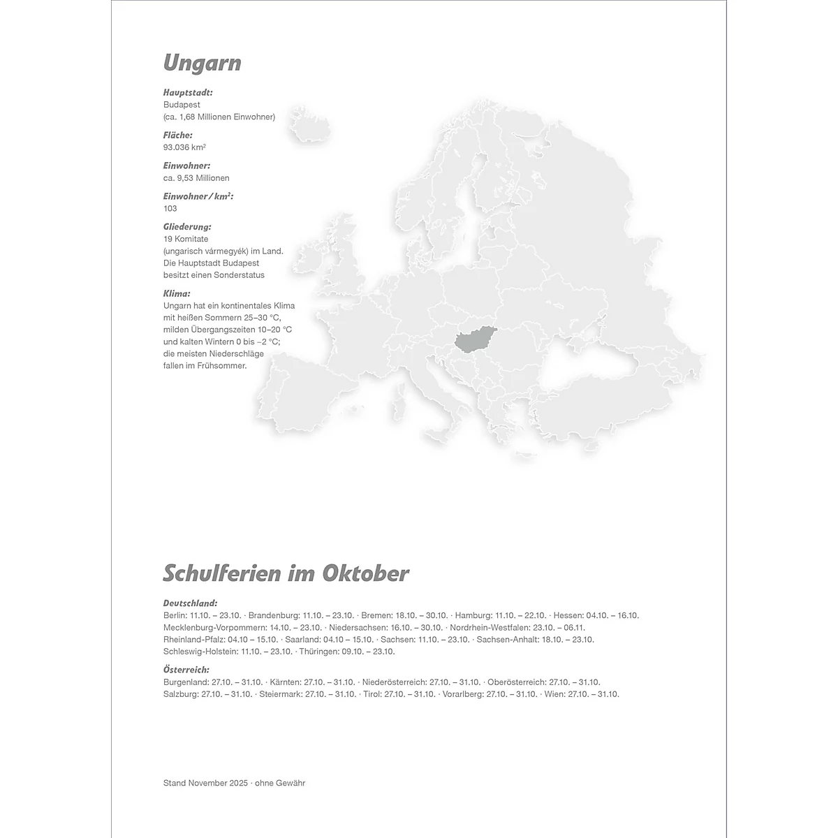Carte grise de l'Europe avec la Hongrie en surbrillance. Texte avec des informations sur la Hongrie et les vacances scolaires en octobre.