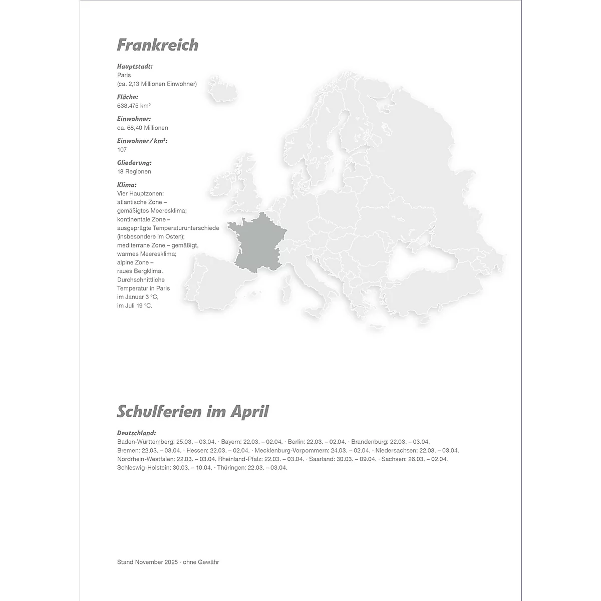 Carte grise de l'Europe avec la France en surbrillance et des informations textuelles telles que "Vacances scolaires en avril".