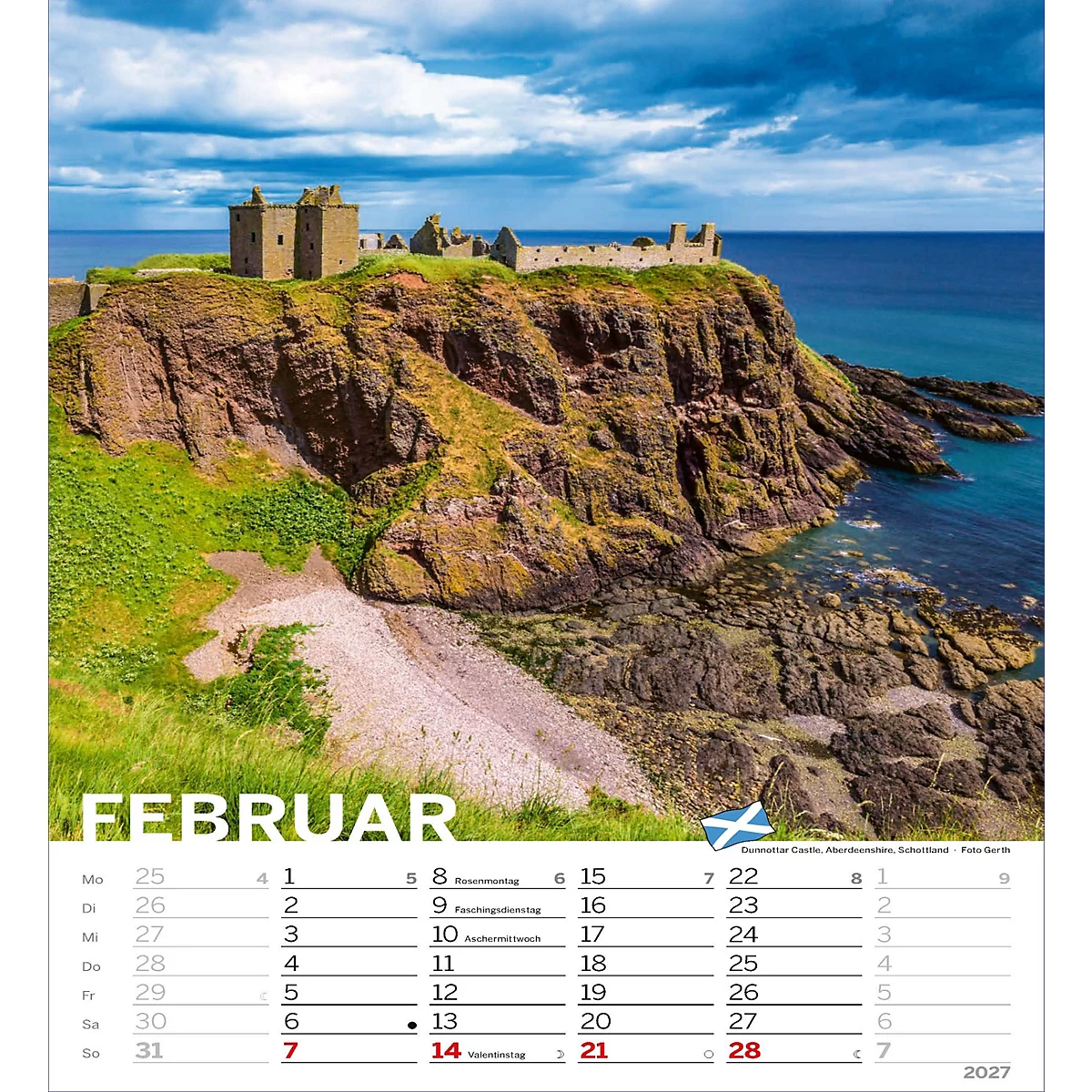 Une page de calendrier de février 2027 avec un château sur une falaise surplombant la mer. Le ciel est bleu avec des nuages.