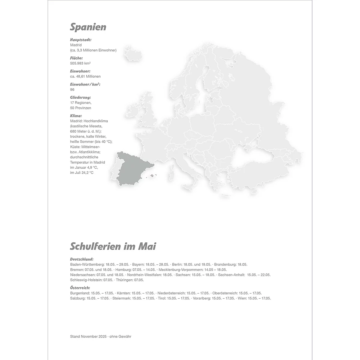 Carte grise de l'Europe avec l'Espagne en surbrillance et des informations textuelles telles que "Vacances scolaires en mai".