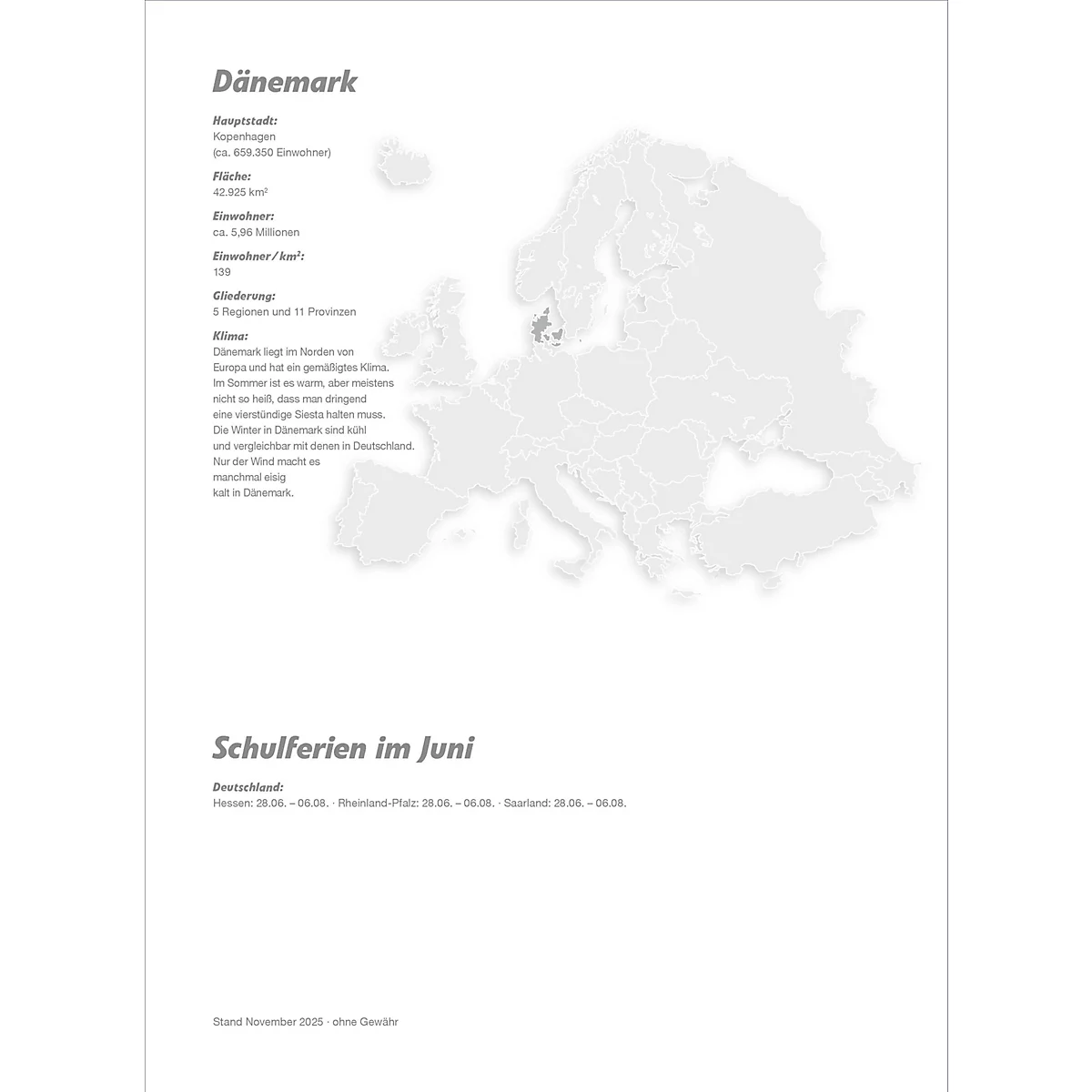 Infographie sur le Danemark et l'Europe avec texte et carte. Informations textuelles sur la population, la superficie et les écoles au Danemark.