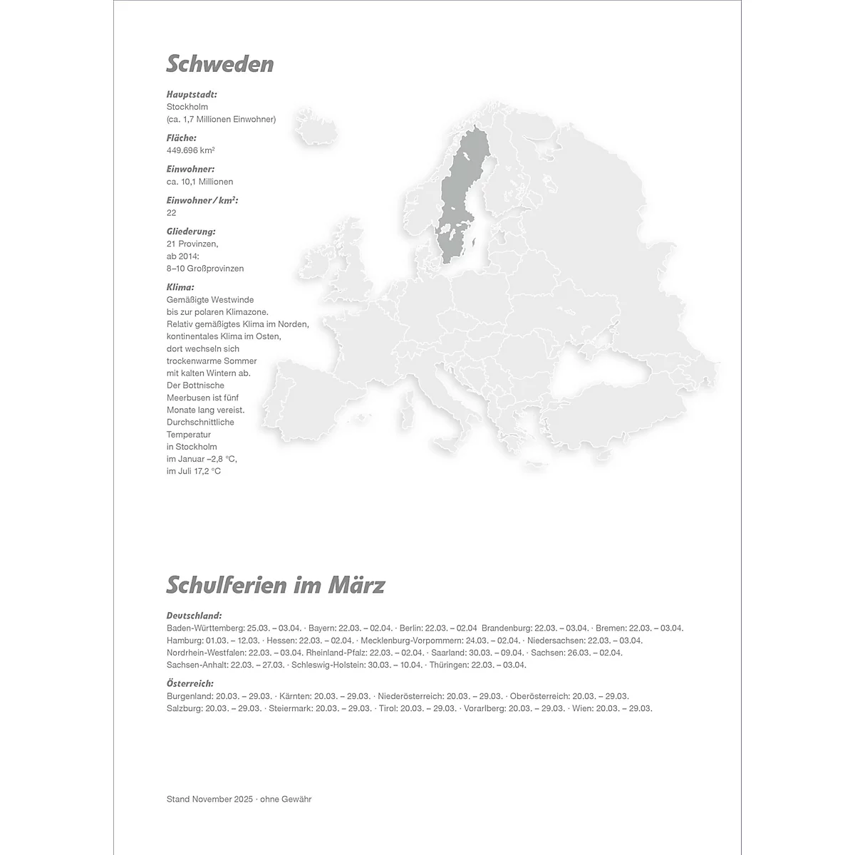 Infographie: Carte de l'Europe, mettant en évidence la Suède, avec des informations sur les vacances scolaires.