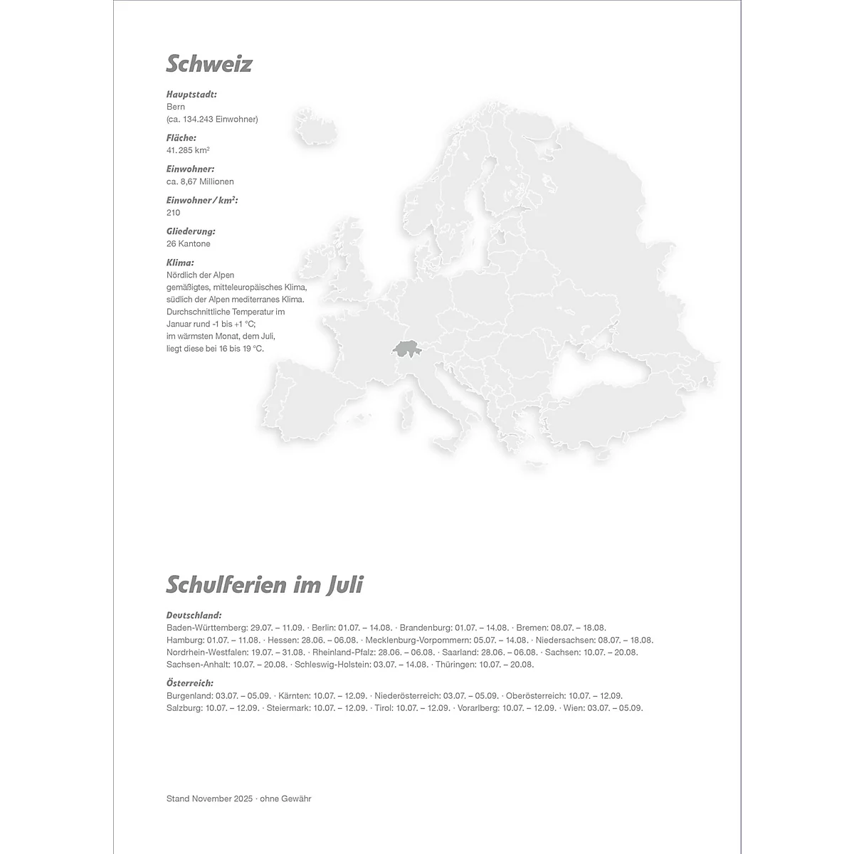 Infographie sur la Suisse avec une carte de l'Europe en arrière-plan et des informations sur les vacances scolaires en juillet.