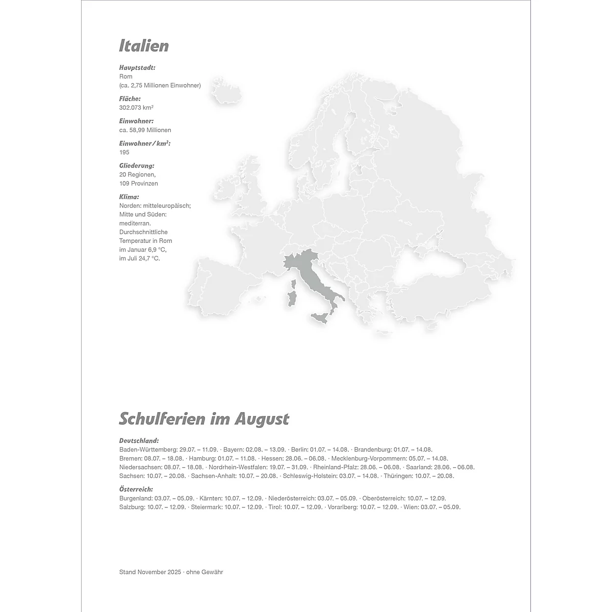 Infographie : informations sur l'Italie et carte de l'Europe. Vacances scolaires en août pour l'Allemagne et l'Autriche.