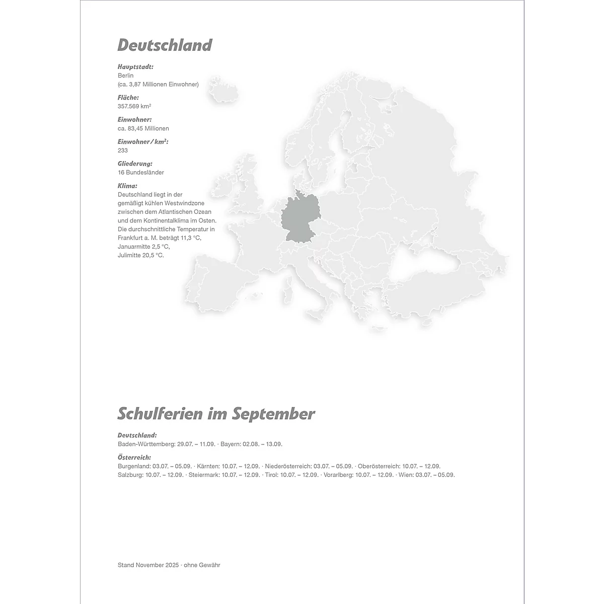Infographie : carte de l'Europe, Allemagne en surbrillance. Informations sur l'Allemagne et les vacances scolaires en septembre.