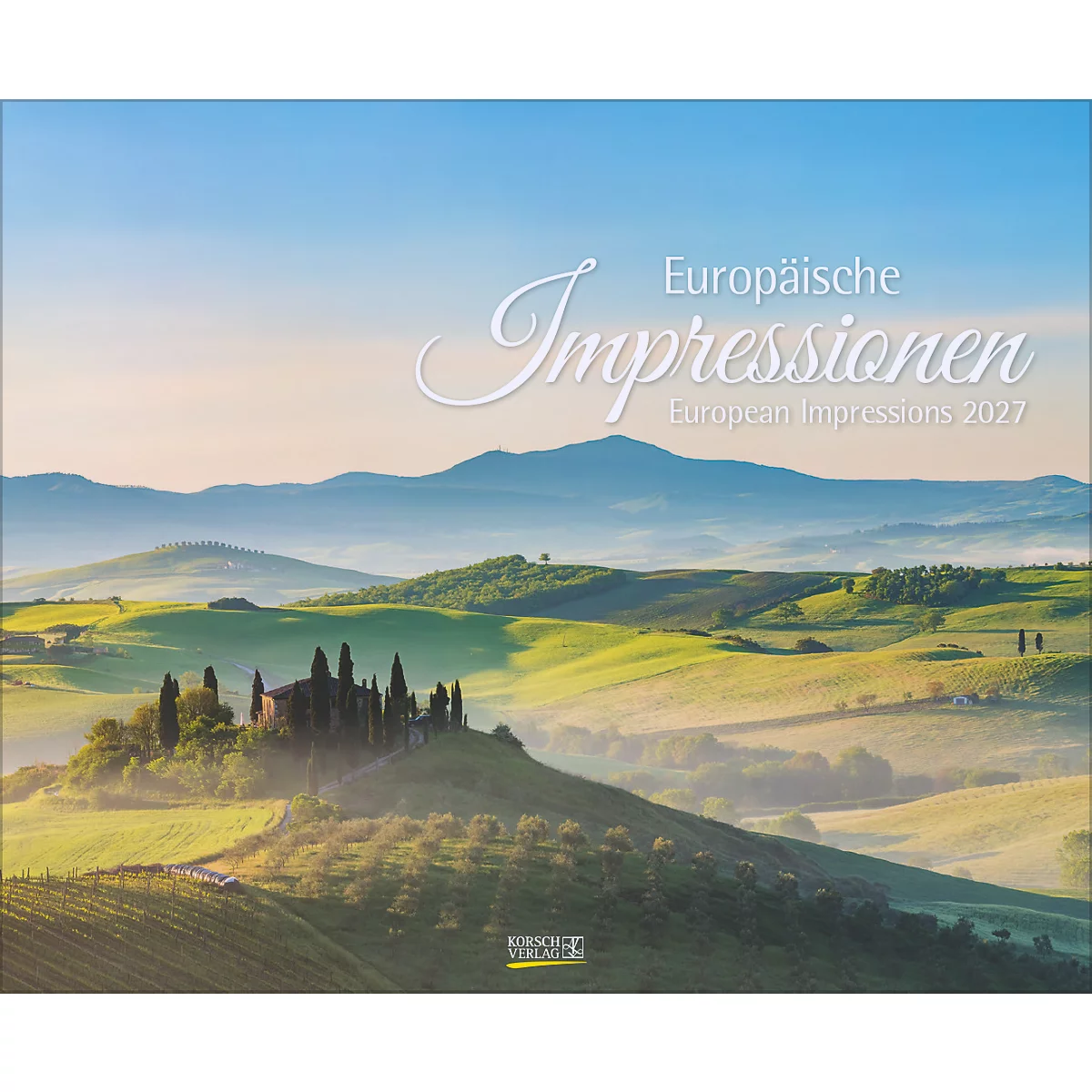 Paysage de collines, une villa et l'inscription Impressions européennes.