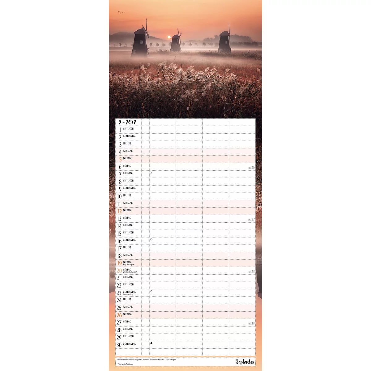 Calendrier avec un panorama de moulins à vent à l'aube. Le calendrier est daté de septembre 2017.
