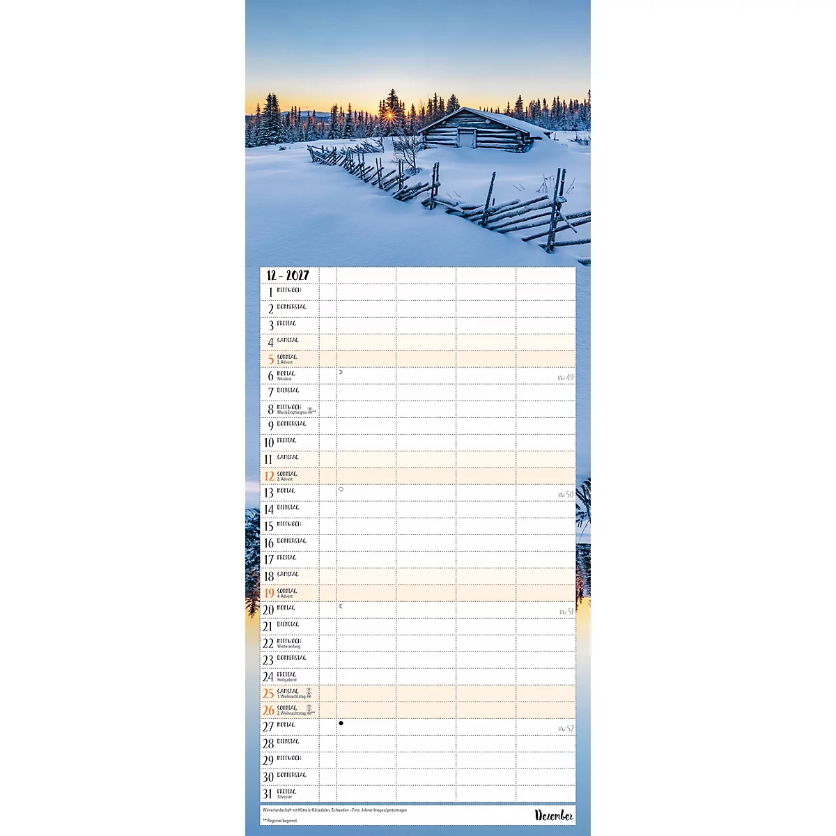 Calendrier avec paysage d'hiver, maison dans la neige et date 11-2023.