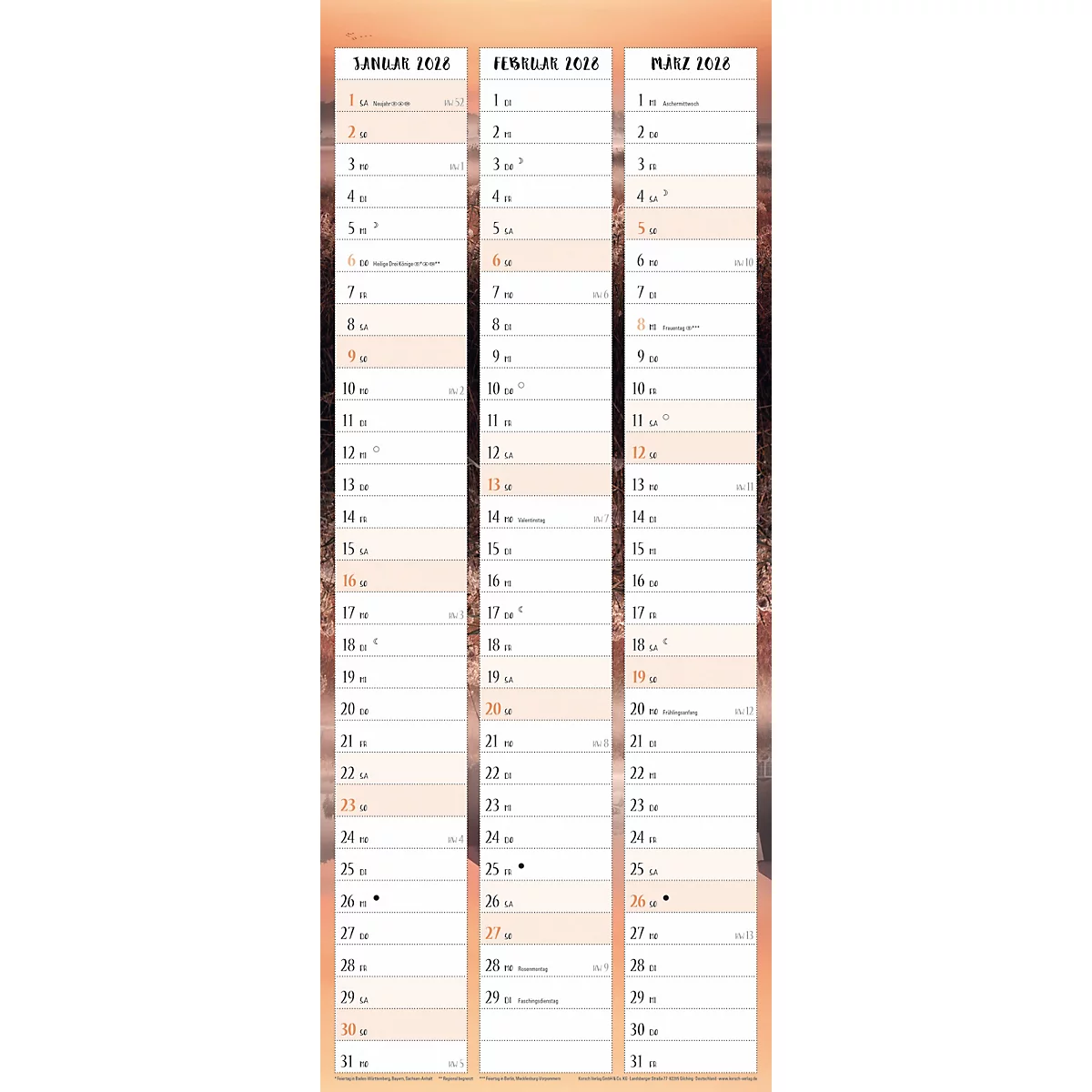 Calendrier avec les mois de janvier, février et mars 2016. Le fond est un paysage flou.
