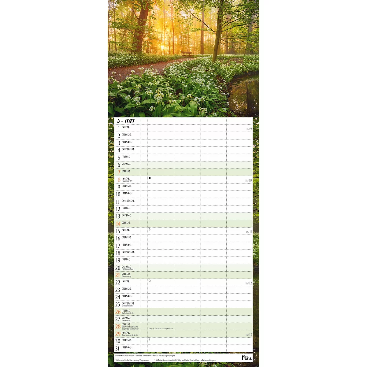Un calendrier avec un motif forestier. L'arrière-plan montre un sentier forestier avec le soleil, le calendrier est placé en bas.