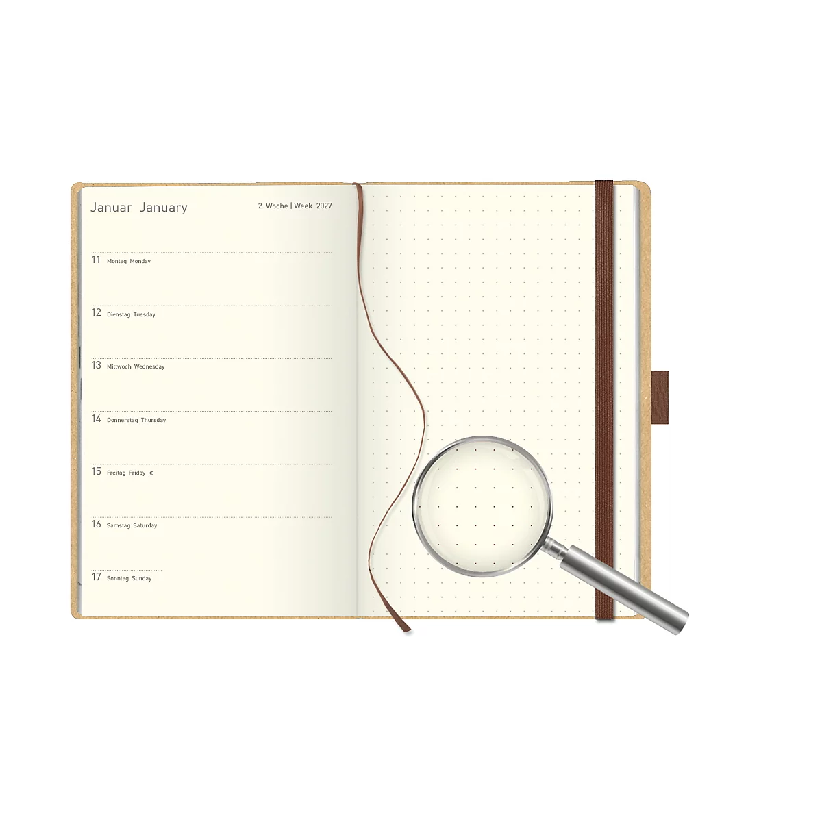 Carnet avec détails marrons et loupe. Le livre est ouvert, page de calendrier de janvier.