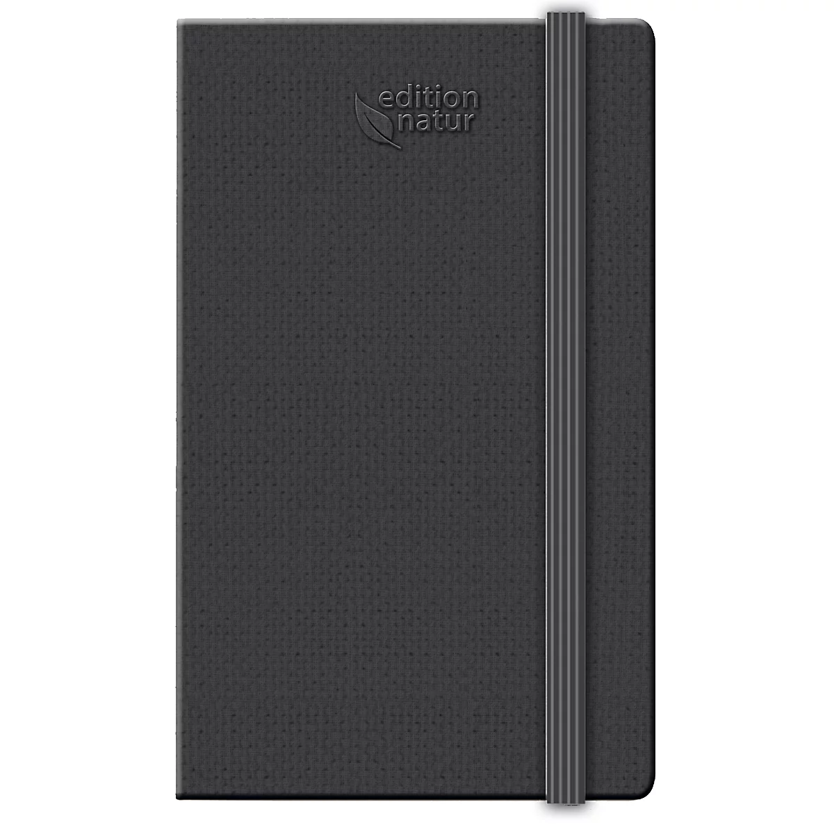 Un carnet noir avec un élastique. Le livre dit 'édition natur'.