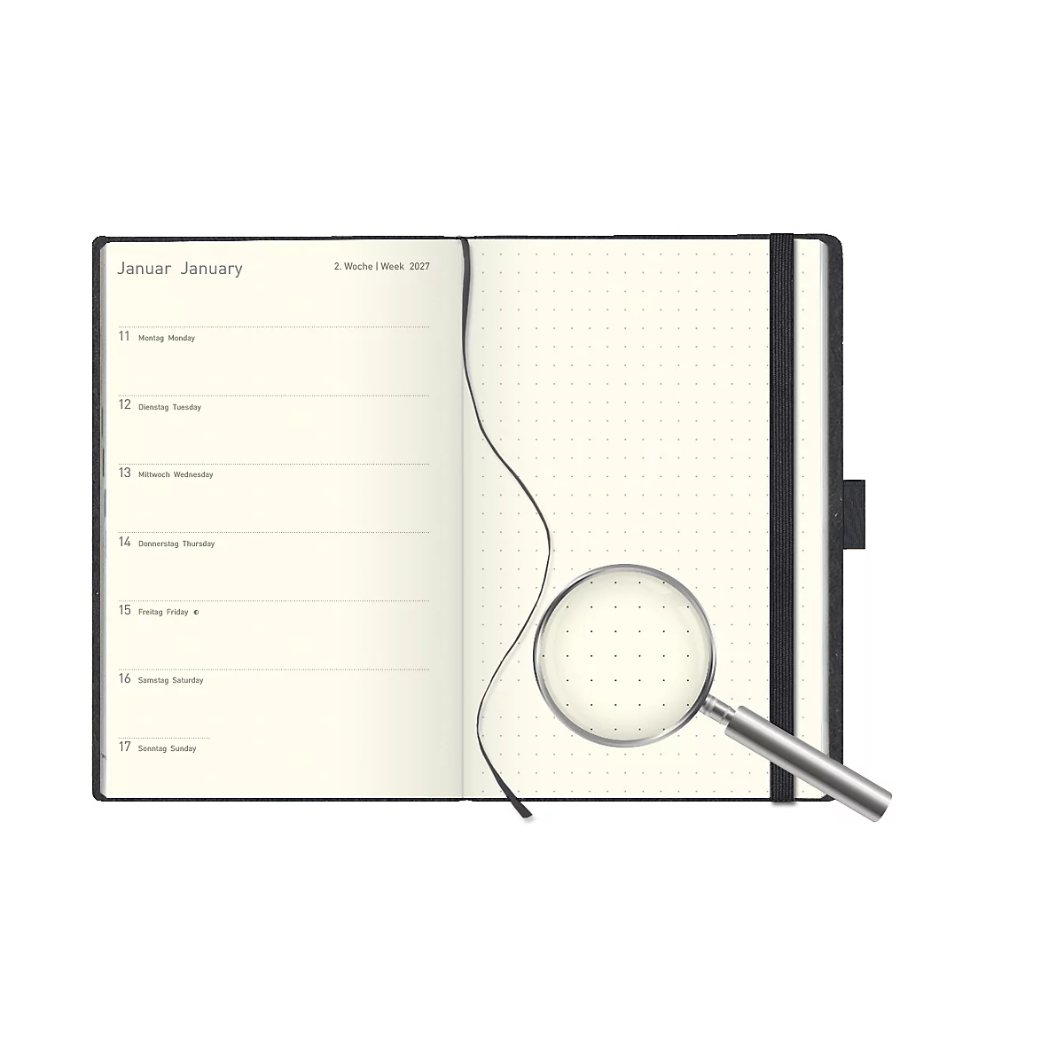 Carnet ouvert avec loupe. Aperçu hebdomadaire à gauche, page pointillée à droite. Couverture noire.