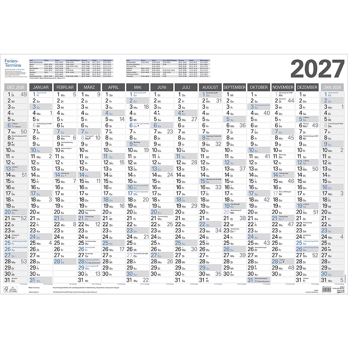 Un calendrier annuel 2027 sous forme de tableau, indiquant les mois et les jours.