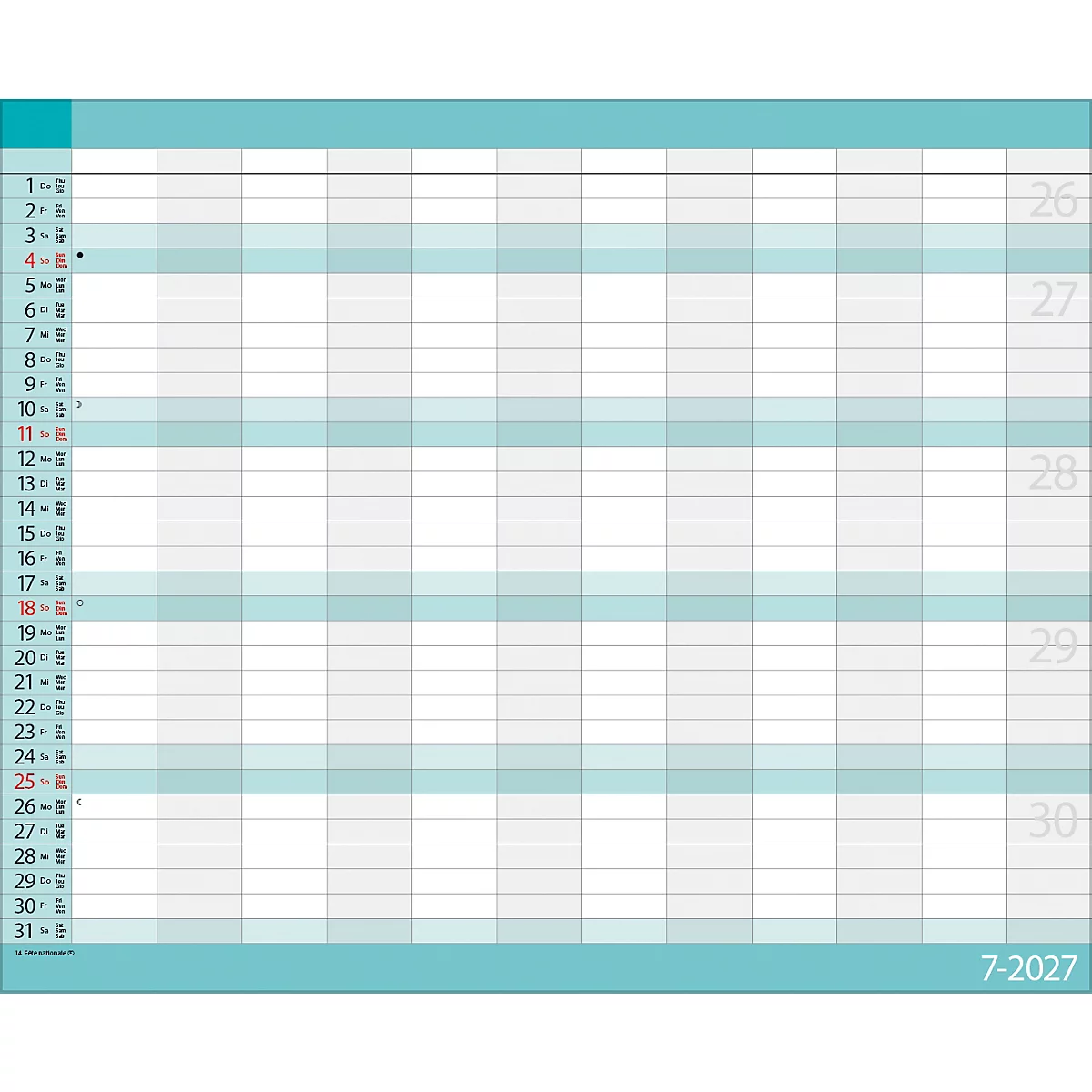 Calendrier mensuel en bleu et blanc avec des dates. L'aperçu mensuel est divisé en champs.