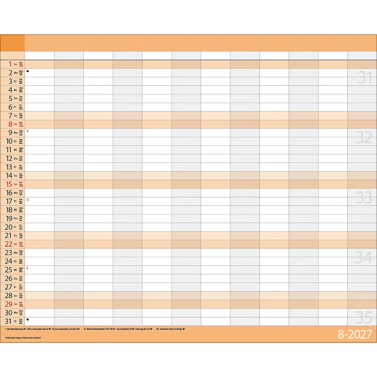 Calendrier mensuel d'août 2027 avec des jours numérotés, des lignes horizontales orange clair et des cellules grises.