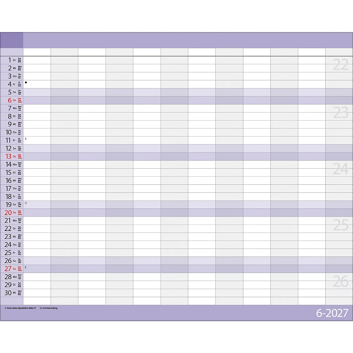 Calendrier mensuel de juin 2027 avec jours numérotés, champs gris clair et bordure violette.