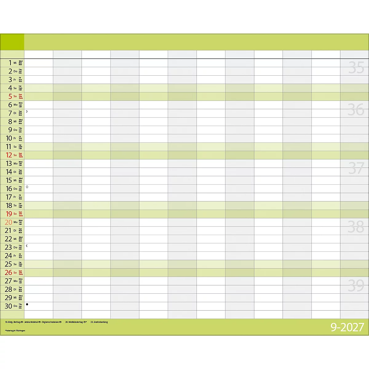 Calendrier mensuel de septembre 2027 avec des jours numérotés, des lignes vert clair et des champs gris-blanc.