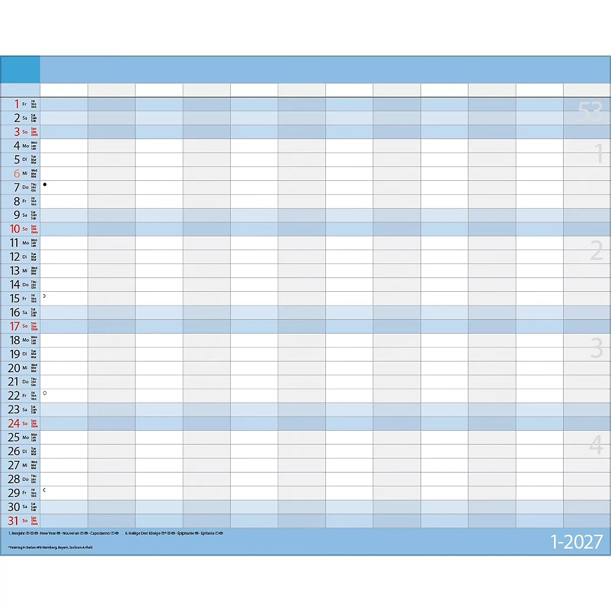 Une grille vide bleu et blanc, conçue comme un planificateur annuel ou un calendrier mensuel pour l'année 2027. Les chiffres 1 à 31 sont visibles sur le côté gauche.