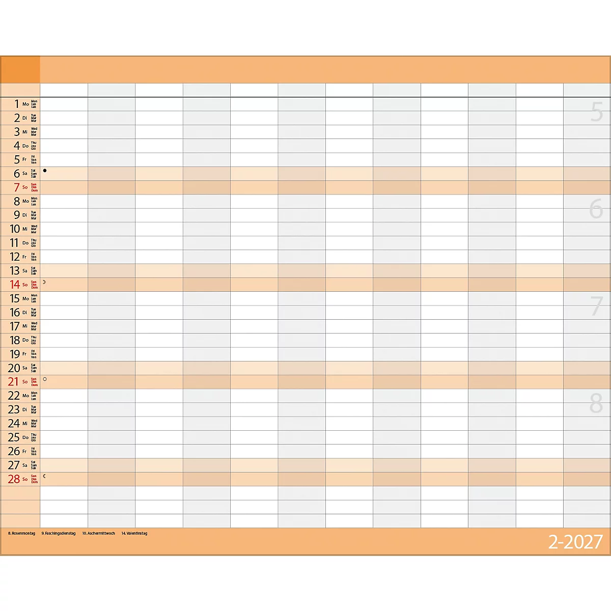Calendrier hebdomadaire en orange et blanc. Les chiffres et les lignes structurent la feuille. Les mois sont indiqués à droite.
