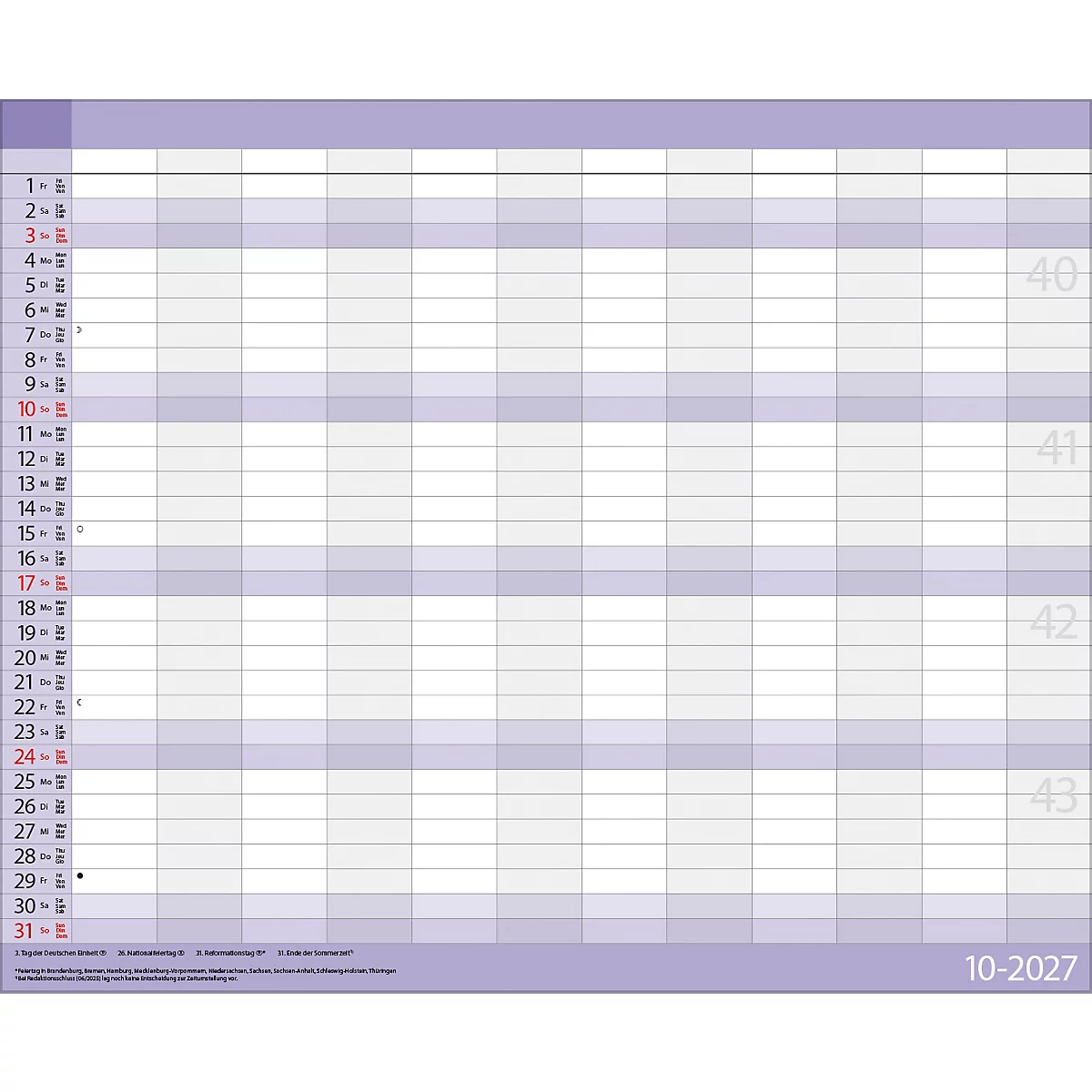 Un planificateur hebdomadaire en nuances de gris et de violet, avec des jours numérotés, des colonnes et l'année 2027.